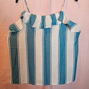 Blue and White Stripe Blouse, with Ruffle detail on Top.